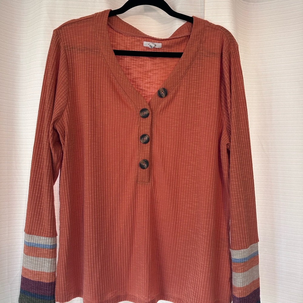 Rust Button-Up Top with Striped Sleeves